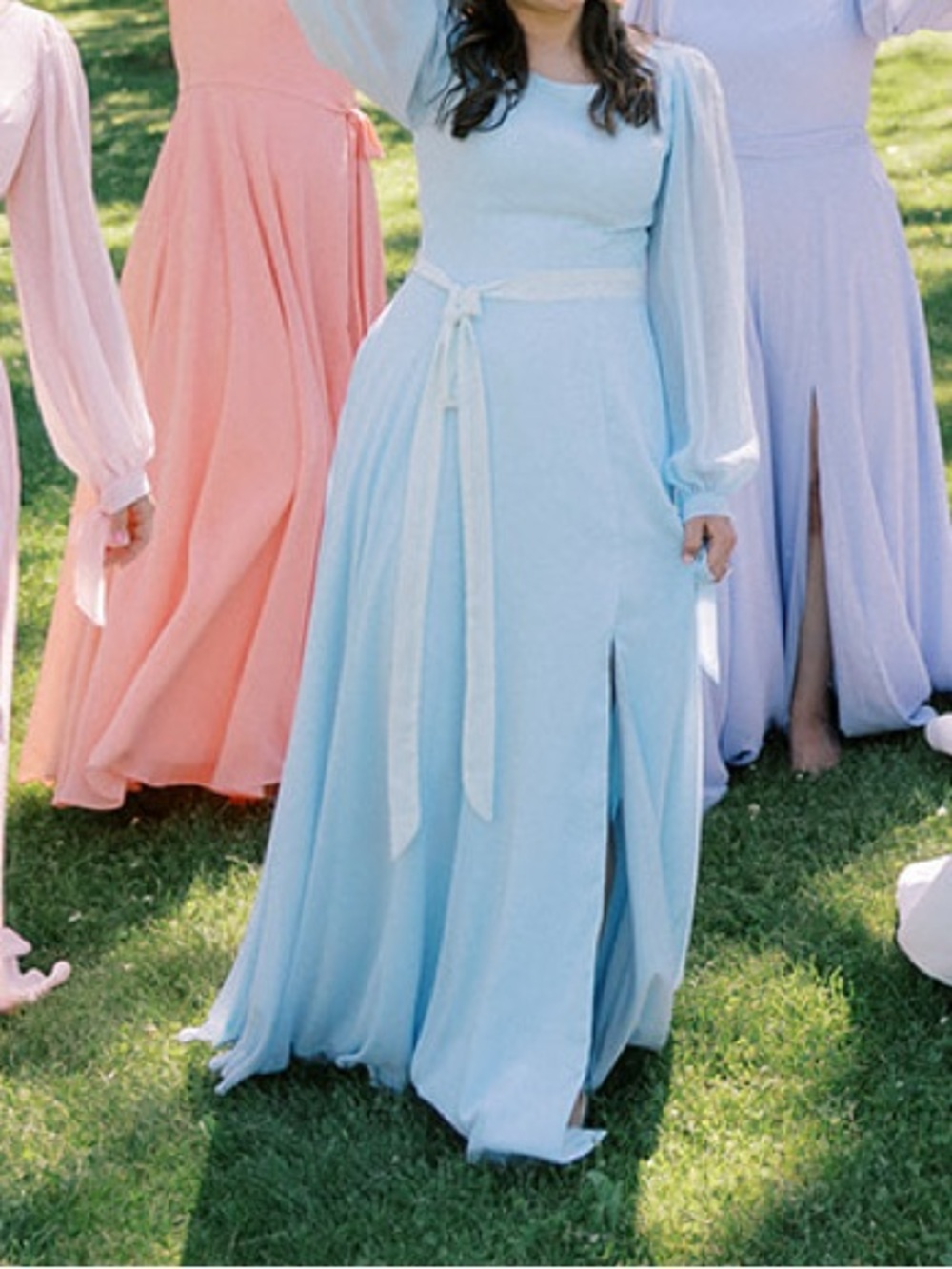 Sky Blue Long Sleeve Maxi Dress with Waist Tie